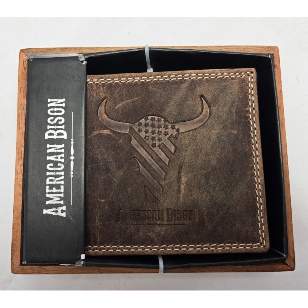 American Bison Genuine Leather Bifold Wallet Brown With Box